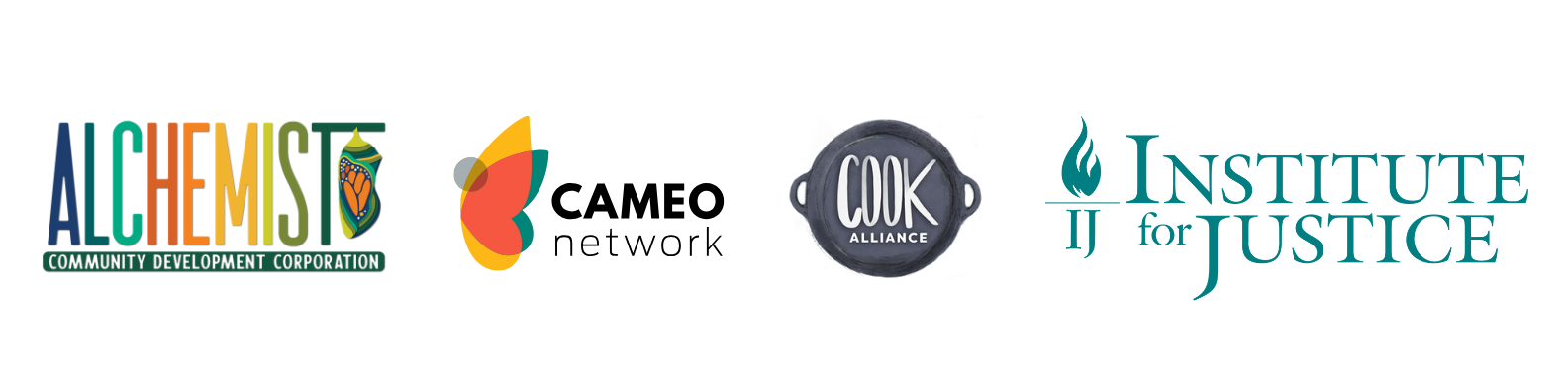 Logos for Alchemist CDC, CAMEO Network, COOK Alliance, and Institute for Justice