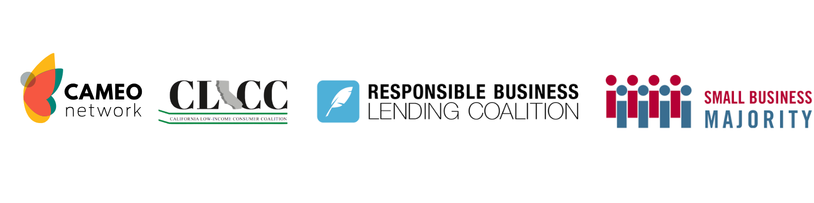 Logos for CAMEO Network, CLICC, Responsible Business Lending Coalition and Small Business Majority